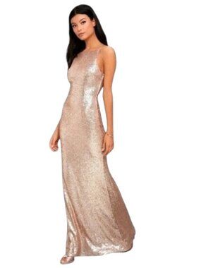 LULU Gown Women XS Slink Wink Matte Sequin Sexy Back Maxi Dress Gold Prom Formal